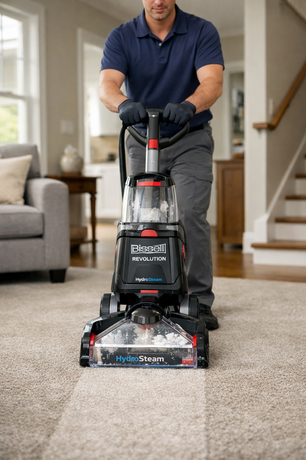 Professional carpet cleaning using a Bissell Revolution HydroSteam carpet cleaner