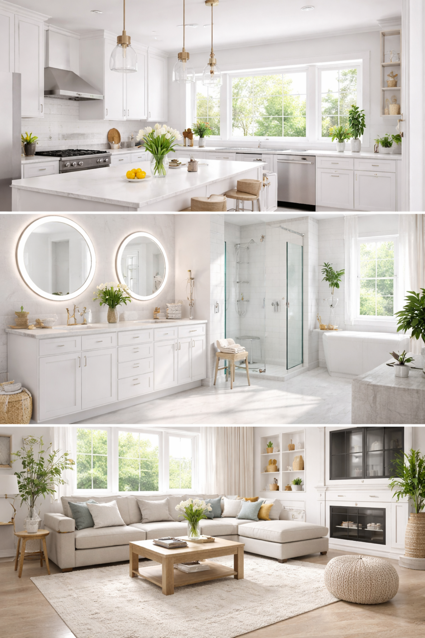 Clean interior examples: kitchen, bathroom vanity, and living area