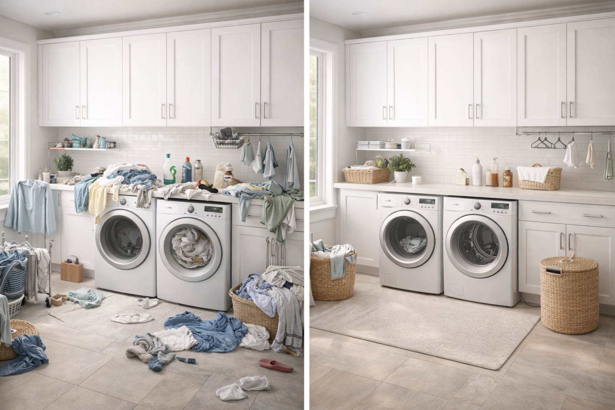 Laundry room before and after: cluttered utility space cleaned and organized